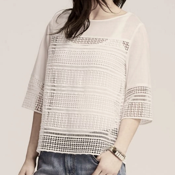 Banana Republic Eyelet Boho Chic White Blouse  Lg Lined 3/4 Sleeve Versatile - Picture 1 of 11
